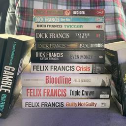 This collection is in good condition

There is 3 hardbacks & 10 paperbacks

Hardbacks; £4
Guilty Not Guilty
Triple Crown
Bloodline

Paperbacks; £2.50
Crisis
Even Money
Bolt
To The Hill
Twice Shy
Slay Ride
Decider
Damage
Gamble
Come To Grief

If you are local to me you are very welcome to collect, If you require postage please message me