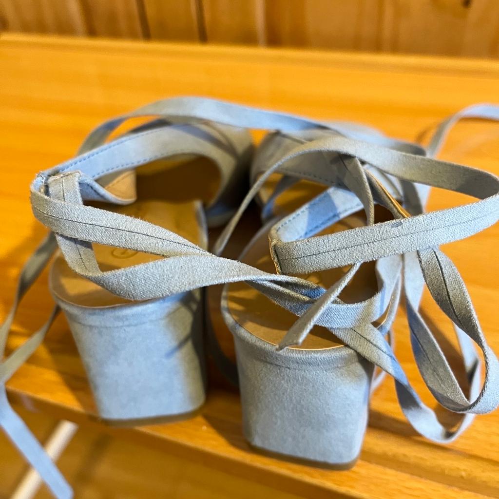 Beautiful small block heeled suedesandals pale blue with straps that go up leg by kalidescope delivery via royal mail 48 hour tracking in uk main land only or Ireland