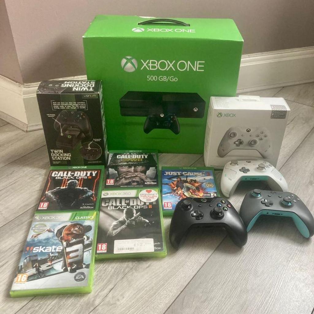 Xbox one console, plus controls, docking stations & games for sale. All relevant cables. Most items still in original boxes. All in good condition. Priced to sell. Collection from sm1