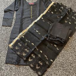 Brand new ladies black raw silk suit. Comes with embroidered organza dupatta. Small chest size is 18 inches. Simple and party wear suit. Can collect or post.