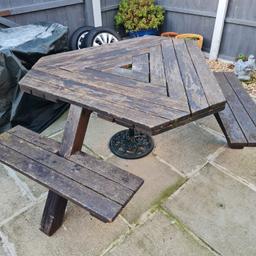 Well used over the years is this pub garden table (bench).. Seats 6 people and is very sturdy as it is solid and well made.. Looks great when painted up but i liked it just the way it is now.. Very very heavy and will need 2 people to move it with a trailer or van and is very heavy.. PICKUP ONLY FROM RUNCORN..