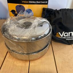 Brand new stainless steel 3 person cook kit. Comes complete with 2 pots with lids, frying pan, 3 cups and pot handle all fits into a draw string bag. Collection from Bacton IP14 or Stonham Aspal IP6 or I can post if needed