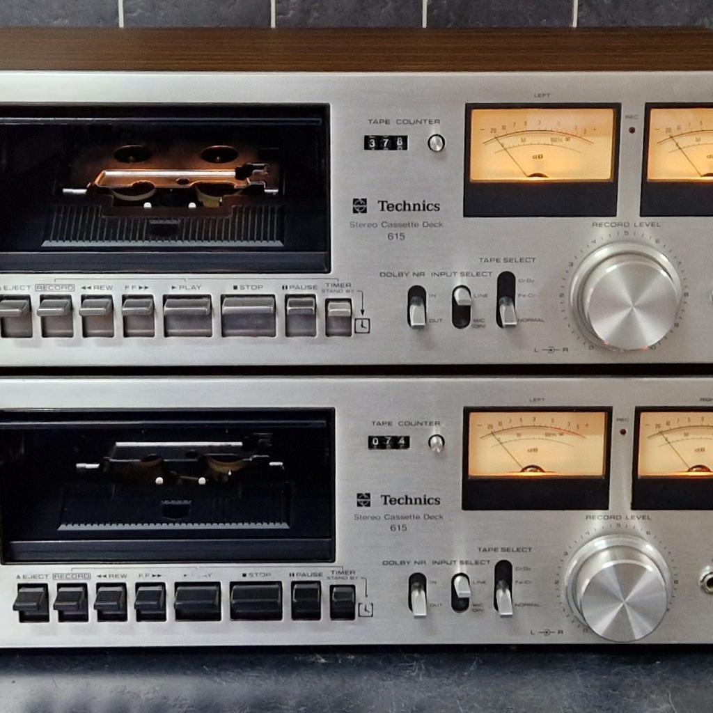 If you see it, it's still available!

Priced individually!

Technics RS-615US Cassette Decks in great condition considering age .

Top one with silver buttons fully
working - SOLD

Bottom one with black buttons need attention, spares or repairs £100

Cash on collection or postage at buyers cost and risk

Please check my other items