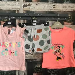 BRAND NEW GIRL CLOTHES

1 X DISNEY JUNGLE BOOK - GREY SHORTS WITH LARGE SPOTS
1 X PINK T-SHIRT FROM PRIMARK WITH DADDY'S CUTE THEME
1 X DISNEY MINNIE THE MOUSE ORANGE T-SHIRT

PLEASE SEE PHOTO