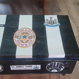 Newcastle united table on hairpin legs made from a vintage steamer trunk, comes with 4 coasters