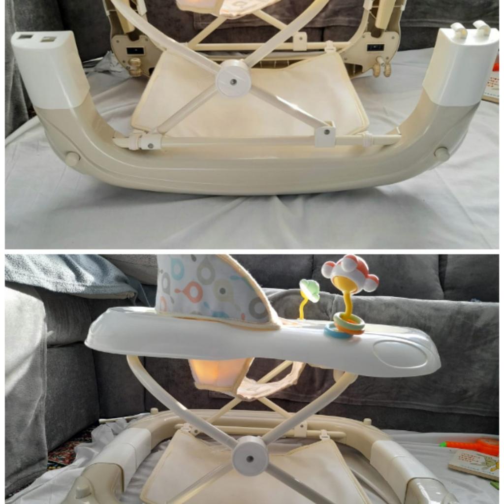 My Child 2 in 1 Walk 'N' Rock Walker Rocker

Used but loads of use left in it. Can be used as a rocker or walker by putting up/flattening the bottom frame. Removable foot resting panel for little ones who's legs don't quite reach the floor yet. Seat can be unclipped for easy cleaning. Toy/snack area in front of baby as well storage as the back for drinks/milk cup/small toy etc.

There is residual staining on material parts of the walker; the seat and foot rest panel but does not affect use. Two of the decorative headlight pieces have come off. Scuffing to outer parts of the walker as expected but again none of this affects efficiency or use of it at all. Can be flattened for storage/travel.

Rocker height is approx 41cm, walker height is approx 38cm.

This is selling for £85 plus brand new.