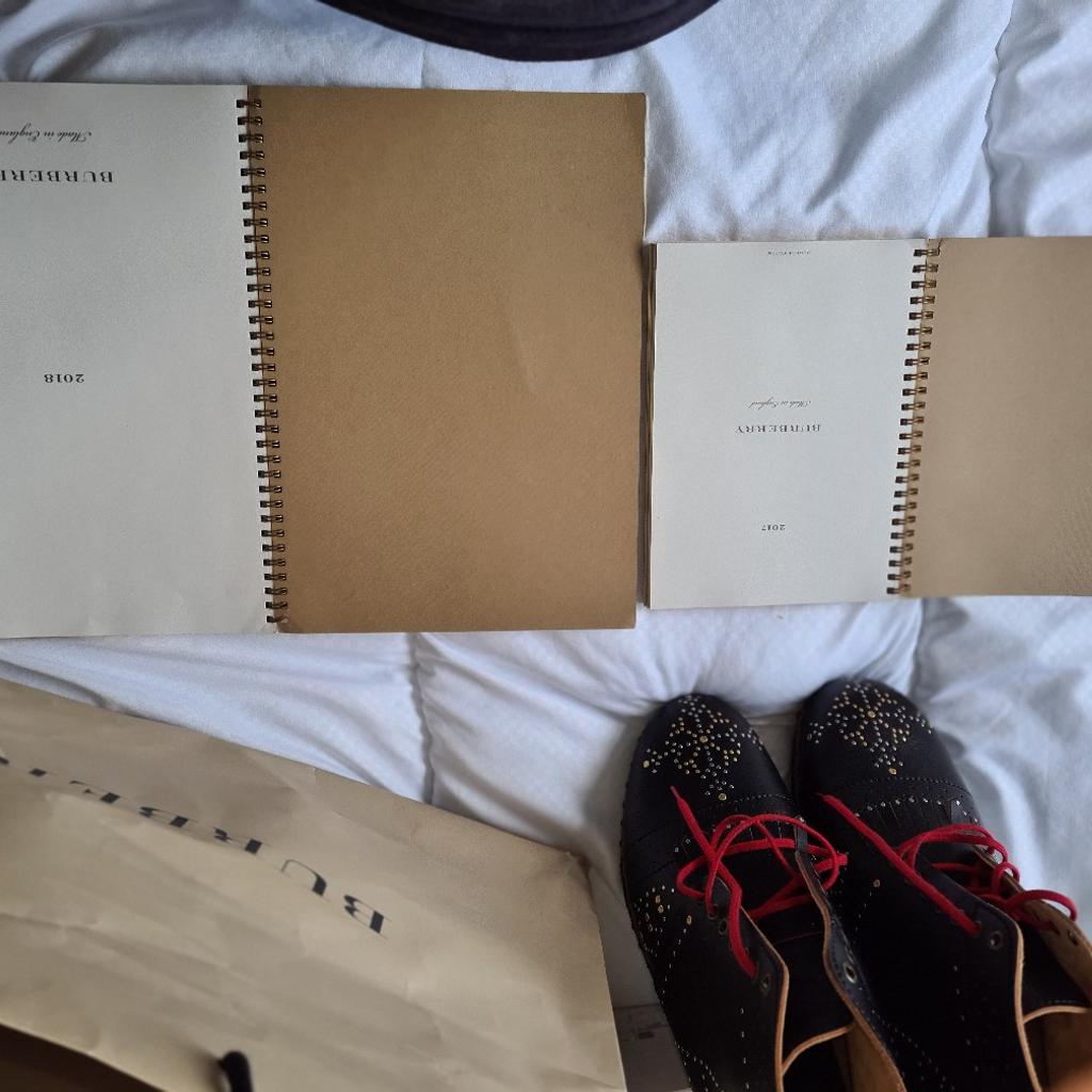 Burberry Black Studded Leather Antrim Fringe Detail Clog Boots bundle. New With box 2 old unused blank Burberry diaries and Burberry paper bag. Please be aware the box is in poor condition but the boots are immaculate.
See photos for condition and size. I can offer try before you buy option but if viewing on an auction site viewing STRICTLY prior to end of auction.  If you bid and win it's yours. Cash on collection or post at extra cost which is £15 Royal Mail special fully insured next dat delivery. I can offer free local delivery within 30 miles of my postcode which is LS104NF. Listed on five other sites so it may end abruptly. Don't be disappointed. Any questions please ask and I will answer asap.