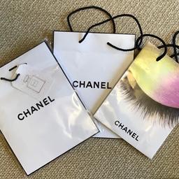 3 Chanel gift bags
One in cellophane wrapping other two as seen
Larger bags 7 ins by 9 ins
Smaller one 6 ins by 8 ins
All three together £3 o n o