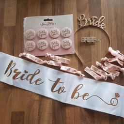 Bride to be bundle. Consists of sash, tiara, hair clip, badges and ribbons. Great for a brides hen party. All brand new. Price is for everything.  Collection is from M26 Stoneclough near farnworth bolton