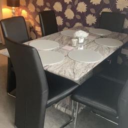 COLLECTION ONLY 


Marble effect dining table
Plastic on top
Table had a few chips at bottom where chairs have knocked it ( see photo)
About 2 years old
Table may have a few pen marks and scratches
Chairs are all in good condition no rips
Collection Bentley walsall
NO OFFERS ALREADY REDUCED
Selling due to space