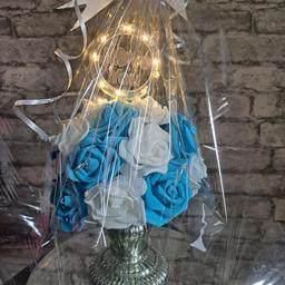blue & white flowers on stand & mirrored plate with light up MOM sign all gift wrapped collection from S2