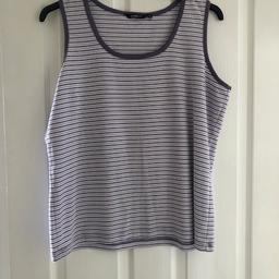 Hardly been worn ladies sleeveless striped round necked  top
Size: UK 20
Colour: lilac & white
Material: 65% polyester & 35% viscose
This top has hardly been worn & is in very good condition.