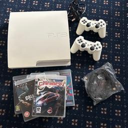 Limited edition White Slim PlayStation 3 with 2 wireless controllers.
Great condition as hardly used, comes with several games and is 320GB.