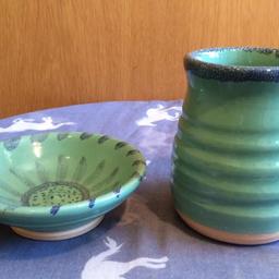 Bowl Vase Set Turquoise Clay. Condition used. In very good condition. In perfect immaculate condition. Measurements; Vase height 4.6” inches, width 3.5” inches. Bowl length 5.1” inches. Please view my listing for more bowl, vases, plates and other kitchen items. Collection only, London NW7.