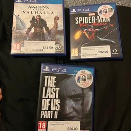 Assassins creed Valhalla- £10
Spider-Man myles morales- £20
The last of us part 2- £15

All perfect condition 
Played a couple times but always been put back in the cases.

Open to sensible offers