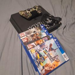 Good con ps4 slim comes with green camo Sony controller and power cables. plus gta five. riders Republic. farcry 5. and call of duty infinite warfare £100 no offers.