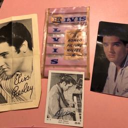 £45
A very scarse and rare piece of early 1960s Elvis Presley / Cliff Richard memorabilia. The Romeo Picture Wallet is a small translucent plastic wallet, designed to hold two postcards, one of Elvis Presley and one of Cliff Richard. The wallet is printed in pink, blue and gold print and measures 15cm x 18cm when opened. On one side is printed ELVIS in blue with the E in a gold heart. on the other side is printed CLIFF in blue with the C in a gold heart.
There is no Cliff Richard picture.
With the wallet there is a Elvis Presley collectable card with autograph on and a photo of Elvis Presley with his autograph on the back and another picture of Elvis with his autograph on. A highly collectible collection for any Elvis Presley fan.
Smoke free home
Collect or post
Payment via PayPal or on collection