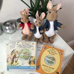Toys are all good condition
Plush soft teddy Peter rabbit toys
2 books tailor of Gloucester is like nee
Jeremy fisher has slight tarnish /marks with a creased internal page (pictured) too doesn’t affect items read or overall look
2 dvds Beatrix potter miss foggy-winkle and more