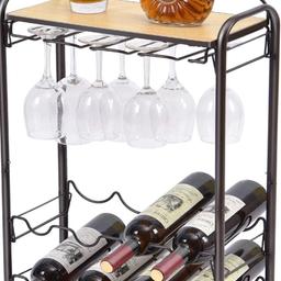 8 Bottle Wine Rack with Glasses Holder and Table Top - 4 Tier Free Standing Metal Wine Shelf for Kitchen, Wine Cellar, Bar, and Countertop Storage and Organization.