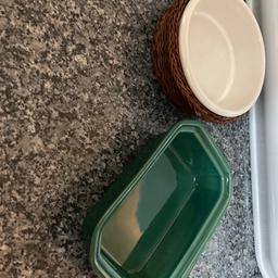 Lovely pair of pottery dishes. (Heavy).
Ideal for pate, snacks, dips, crafters & much more.
White dish in wicker basket:
Diameter 11cm x 3 1/2 cm deep.
Green rectangular dish:
Length 14cm x Width 9 1/2cm x 4cm deep.
Please have a look at my other items for a bargain.