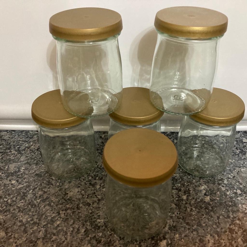 Set of 6 small jars / pots with flexible gold lids. Ideal for chutney, jams, various condiments, yoghurts, crafters and much more. Size: Diameter 6cm x Height 8cm.
Please have a look at my other items for a bargain.