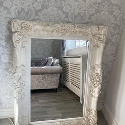white ornamental mirror,
Chunky, heavy, solid
Could do with some TLC
Few bits of ornate wood have broken at bottom due to wear and tear. But not noticeable
Will be sad to see this go, as it is a nice statement mirror