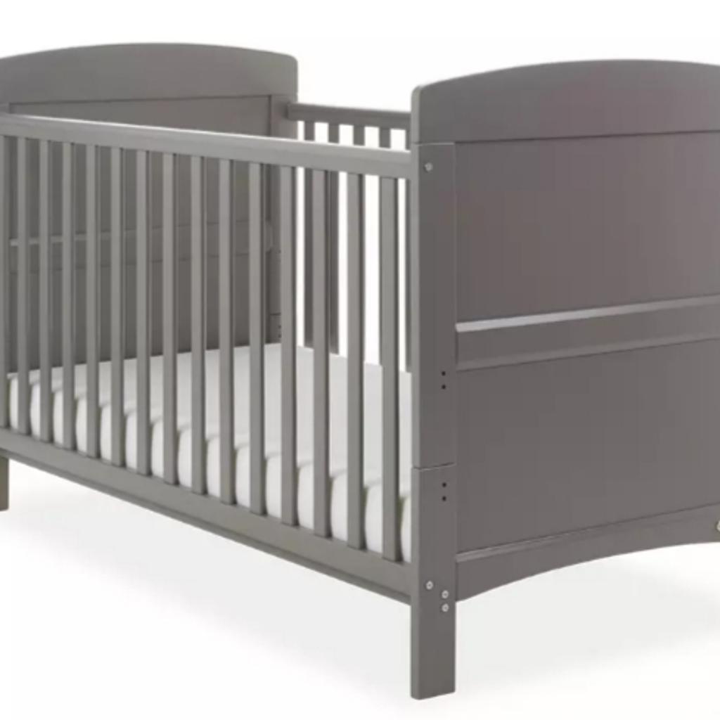 The Obaby Grace cot bed.  slatted sides and teething rails add peace of mind and, as your child grows, the mattress base can be lowered, with three base heights available in total. The cot can transition into a cot bed and is suitable for a child up to approximately four years old. Includes a perfect fitting, 10cm thick, water-resistant, fully breathable and hypo-allergenic polyester fibre pad mattress. The bed is dismantled due to moving homes and is for collection only please