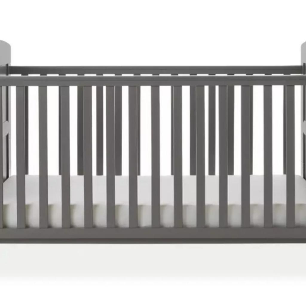 The Obaby Grace cot bed.  slatted sides and teething rails add peace of mind and, as your child grows, the mattress base can be lowered, with three base heights available in total. The cot can transition into a cot bed and is suitable for a child up to approximately four years old. Includes a perfect fitting, 10cm thick, water-resistant, fully breathable and hypo-allergenic polyester fibre pad mattress. The bed is dismantled due to moving homes and is for collection only please