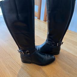Faith Black leather buckled mid heeled knee high boots, size 5