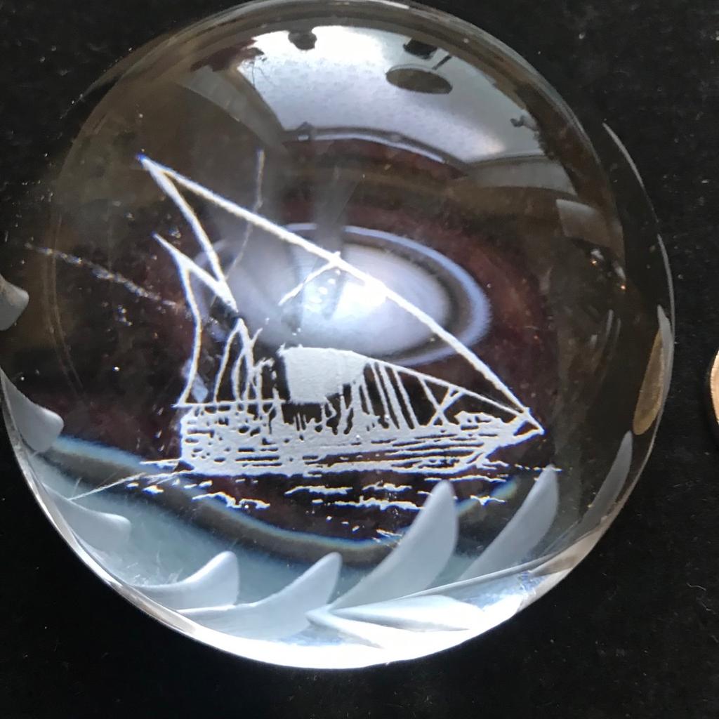 Engraved Edinburgh crystal paperweight with a ship engraved on the bottom