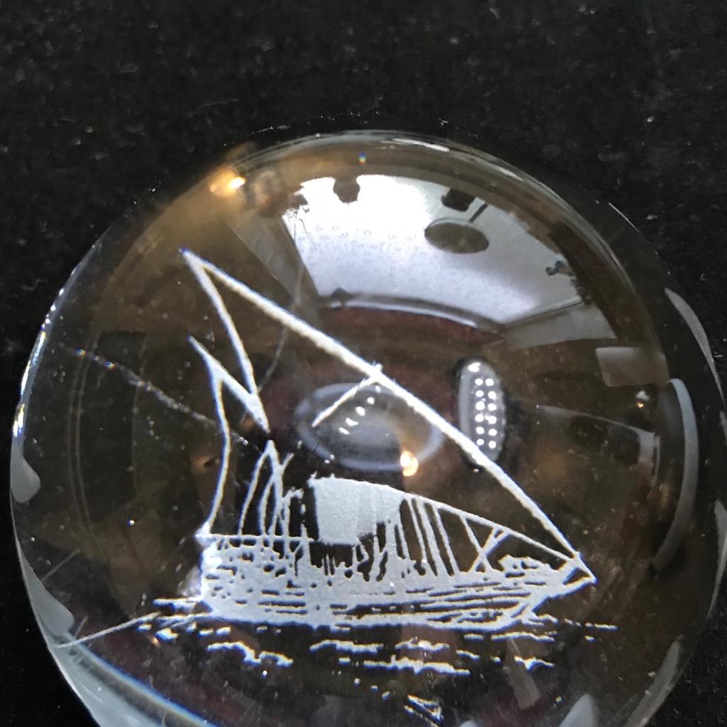 Engraved Edinburgh crystal paperweight with a ship engraved on the bottom