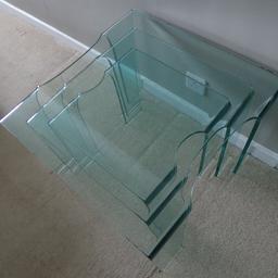 Set of 3 glass coffee tables. All measurements are on photos. This is roughly 11mm thick glass so they are heavy. Pick up only. Thanks