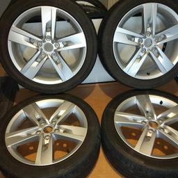 4 X Genuine 2018 SEAT LEON FR ALLOY WHEELS 17" SILVER
5 STUD 5x112 7JX17H2 ET49
Wheels are genuine OEM (Original Equipment Manufacturer), with original part numbers.
Seat Part no.5f0601025t
Superb condition, no air leaking, including seat caps and tyre valves.

4 x TYRES Hankook Ventus S1 evo2 - 225/45 17R
2 tyres x 3mm depth tread
2 tyres x 5mm depth tread

will fit probably most; Audi A1/S1 A3/S3/RS3
Golf Mk5/Mk6/mk7 GTI/GTD/R
Vw Golf Skoda Audi A3
Seat Leon FR/CUPRA