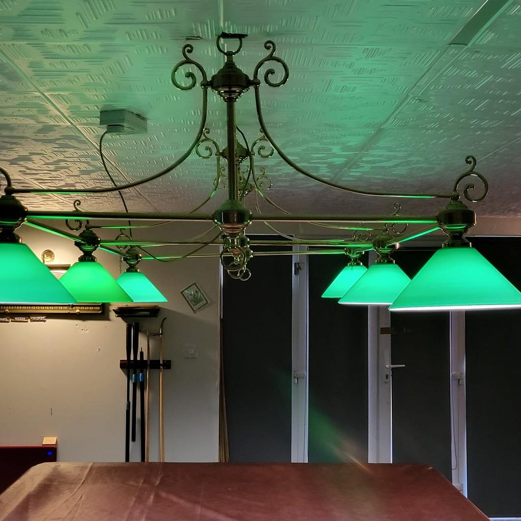 Ornate brass full size snooker table light,
When bought new it was £1299.00,
6 green glass shades with bulbs,
Easily dismantled in to smaller pieces, with numbered parts, it is easy to rebuild.
Beautiful piece of antique lighting