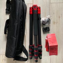 2-in-1 tripod, removed one leg can be used as monopod and converted into alpenstock
Extends to 66"/168cm tall,folds to 58cm.Four sections Carbon Fibre adjustable-height leg tubes
Center column design with hook attached to sand bag increasing stability, with non-slip feet design to keep the tripod steady.Max load weight is 33lbs/15kg for optimal performance
360 degree dial of swivel ball head with bubble level provide you with a panoramic view.Three position leg angle adjustment system provides flexible shooting