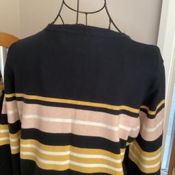 Dorothy Perkins jumper
Size 14
Round neck
Main colour navy blue
Pink,mustard and white stripes 
Ribbed cuff and hem
Lightweight soft jumper 
Collection or postage available