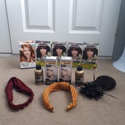Hi I'm selling a hair bundle of box hair colour and hair accessories.
x4 3.23 dark quartz Garnier.
x1 8wr golden auburn clairol.
x2 40vol cream peroxide.
x2 silver colour toner.
x2 head bands.
x1 hair facinator.
x1 hair bun.
boxes are damaged but products are fine. No longer needed. cash on collection from B63 Halesowen. open to sensible offers.