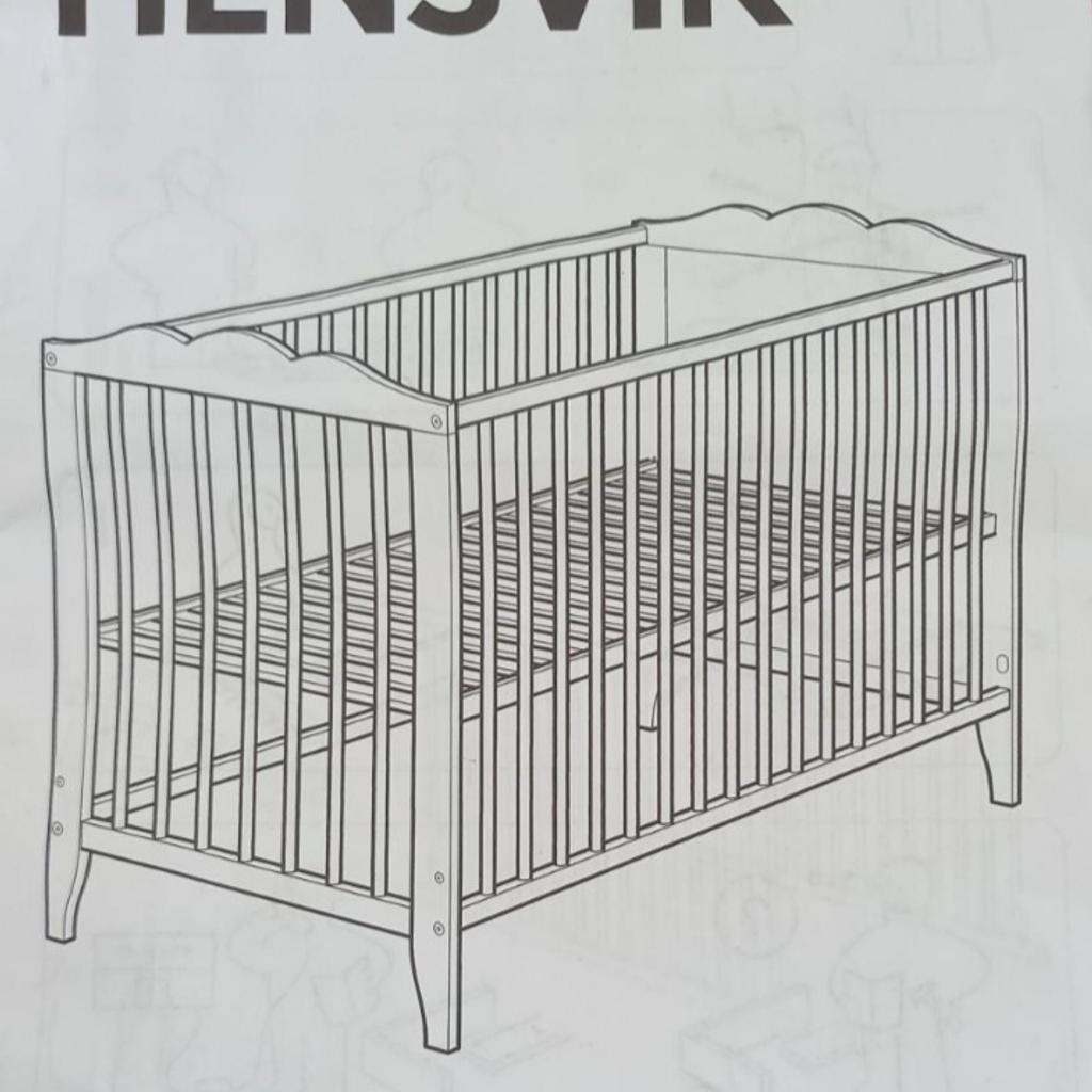 Ikea Hensvik cot bed 120 x 60cm aprox. Two adjustable heights, grows with child. Dismantled, with instruction booklet.Mattress not included. From smoke and pet free home. Cash only on collection from London N1