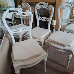 FOUR SHABBY CHIC DINNING CHAIRS CAN BE REPAINTED OR KEPT AS THEY ARE FOR THE SHABBY CHIC EFFECT PLEASE NOTE ONLY CHAIRS ARE FOR SALE  COLLECTION ONLY PLEASE