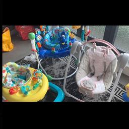 Baby Bouncer only used for 3 months very good condition (cost over £100.00 new)selling for £50.00
Baby Walker good condition £15.00 
Baby Swinging Chair good condition suitable from birth £30.00
Buy all 3 for £80.00