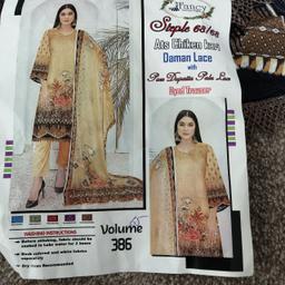 4 peice unstitched material - front of kameez is chiken with daman lace, back of kameez, trousers and dupatta with palu lace.