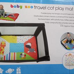 Redkite baby zoo travel cot play mat in original box. Padded play mat that wraps around travel cot mattress. Universal fit for most travel cots. Size approx 93cm x 67cm. Textured fabric with activity toys, rattles and squeakers. Suitable from birth. Overall in good condition, scratches on mirror.From smoke and pet free home. Cash only on collection from London N1