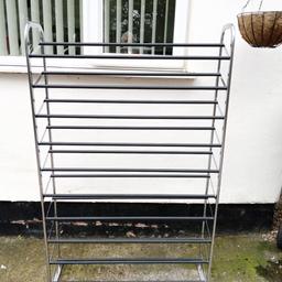 shoe rack chrome and black good condition 90 cm wide 140 cm high and 35 cm depth collection only £15
