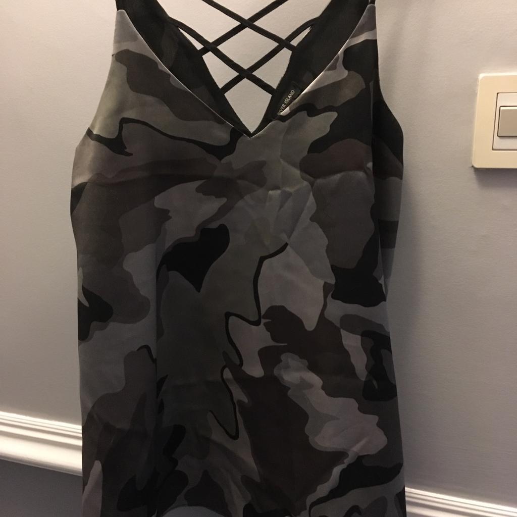 Ladies River Island green and black camouflage cami top. Size 6.