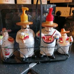 pot Mexican chiefs mustard sauce and salt and pepper set very unusual in metal carry holder not been used just displayed need to make some room as tw o much stuff lol 4. for lot