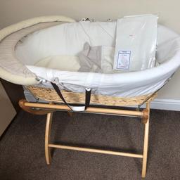 Wicker Moses basket with fold away stand. Handles on basket. Hood that lifts up for shade. Soft all the way round. Has a light weight cover and mattress. Used for a short while and is in excellent condition. Please note the sheet isn't included as shown in the pictures (already been sold separately)

Thank you.