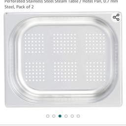 AmazonCommercial 1/2 Size 10 cm Deep, Anti-Jam Perforated Stainless Steel Steam Table / Hotel Pan, 0.7 mm Steel, Pack of 2

Steam table / hotel pan (2-pack); ideal for buffets and catered events; suitable for both hot and cold food
Made of sturdy 0.7 mm 18/8 corrosion-resistant stainless steel; reinforced edges for rugged impact-resistant strength and to maintain shape of pan
Stackable design with anti-jam lugs for space-saving storage and easy retrieval – pans won’t stick together
Perforated with 3.5mm holes for easy steaming and draining all in one; oven-safe, freezer-safe and dishwasher-safe; wipes clean easily with a damp cloth
1/2 Size 10.16 cm deep; measures 32.51 x 26.42 x 9.91 cm overall; weighs 0.73 kilogrammes