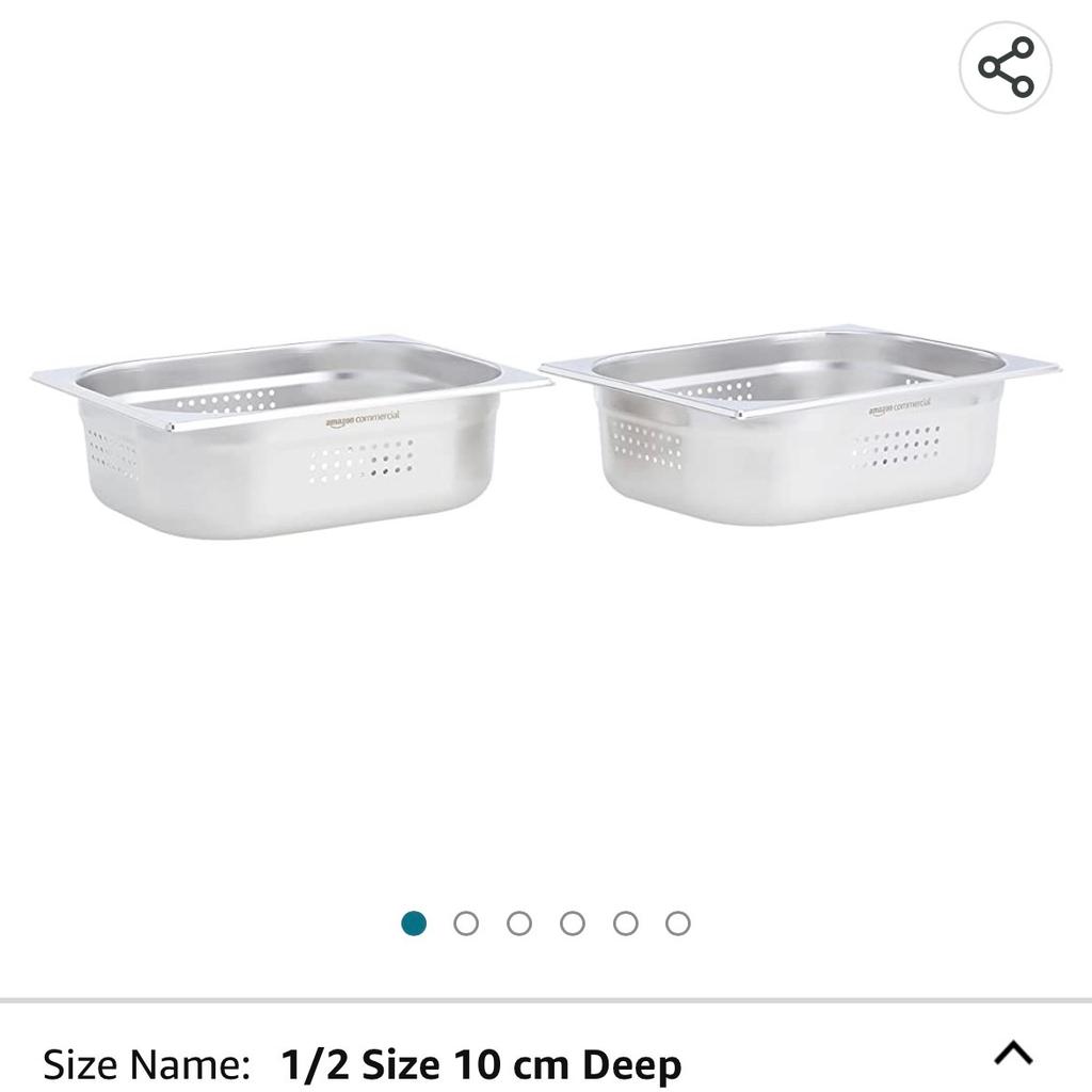 AmazonCommercial 1/2 Size 10 cm Deep, Anti-Jam Perforated Stainless Steel Steam Table / Hotel Pan, 0.7 mm Steel, Pack of 2

Steam table / hotel pan (2-pack); ideal for buffets and catered events; suitable for both hot and cold food
Made of sturdy 0.7 mm 18/8 corrosion-resistant stainless steel; reinforced edges for rugged impact-resistant strength and to maintain shape of pan
Stackable design with anti-jam lugs for space-saving storage and easy retrieval – pans won’t stick together
Perforated with 3.5mm holes for easy steaming and draining all in one; oven-safe, freezer-safe and dishwasher-safe; wipes clean easily with a damp cloth
1/2 Size 10.16 cm deep; measures 32.51 x 26.42 x 9.91 cm overall; weighs 0.73 kilogrammes