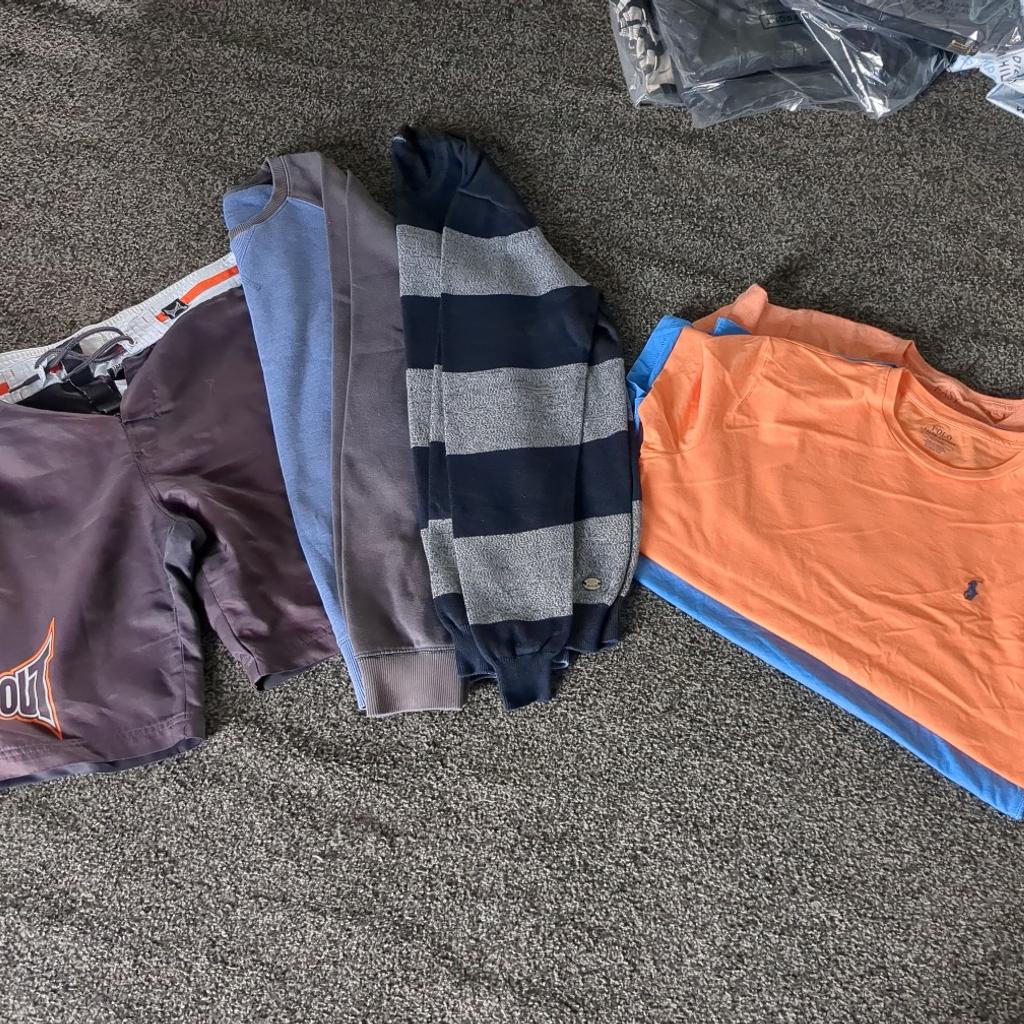 men's clothing bundle, x 3 t shirts, X2 jumpers , x1 shorts. brands include Ralph Lauren, gas and Primark. all worn, some more than others.