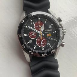Mens Seiko Sportura Barcelona FC chronograph alarm watch. Model SNAE75P1. 44mm case. In full working order. Original Seiko rubber dive strap in good condition securing well. No box or papers. Will post special delivery. Thank you.